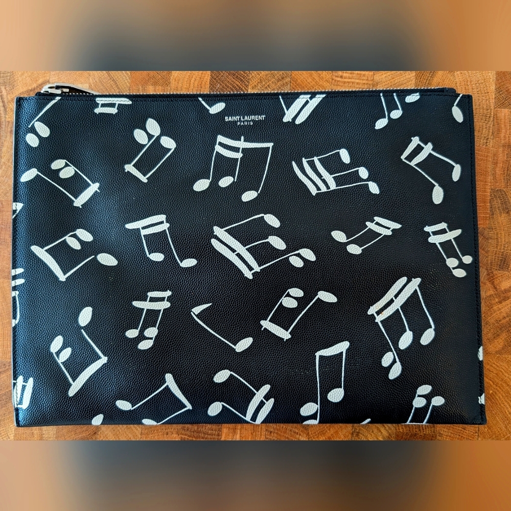 SAINT LAURENT Pouch in Black & White Leather - Musical Notes